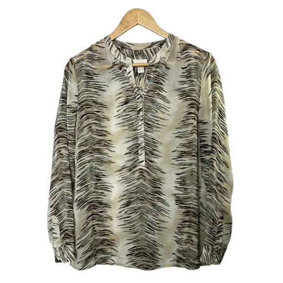 Chico's Chiffon Sheer Feather Print Henley Neck Popover Blouse Women's Medium - Picture 1 of 6